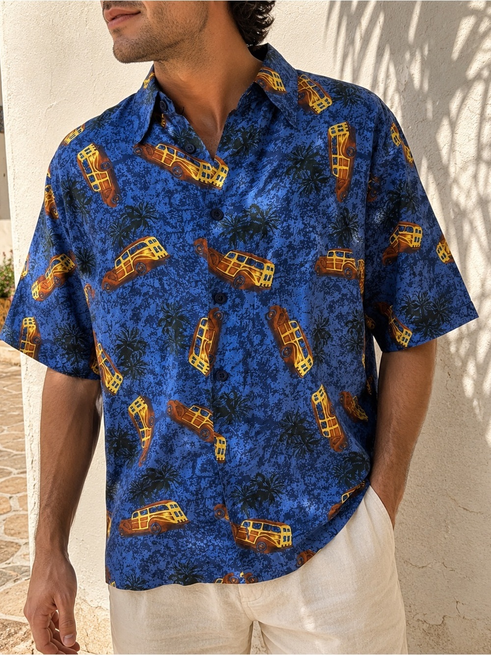 Vintage 100% Silk Woody Wagon Hawaiian Camp Shirt Blue Palm Print Men’s M